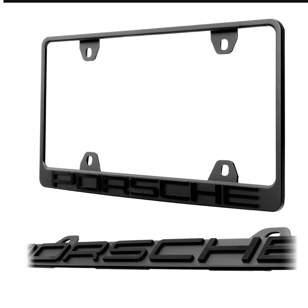 Porsche Matte Black License Plate Frame 3D Logo Slim Bezel with Hardware New